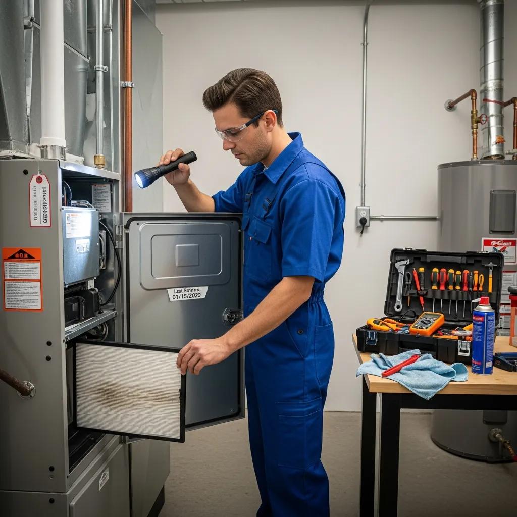 Technician inspecting a furnace and replacing an air filter during a maintenance visit