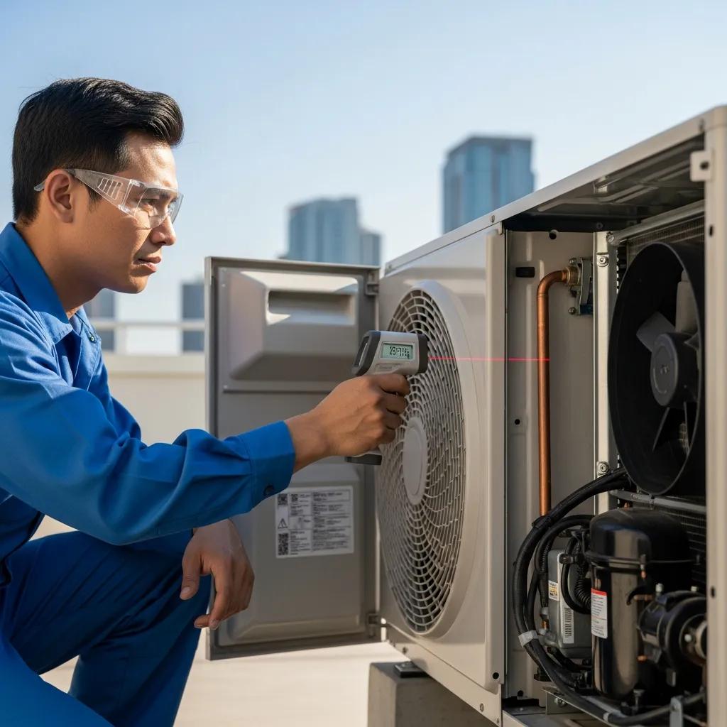 Technician assessing air conditioning system performance with a thermometer