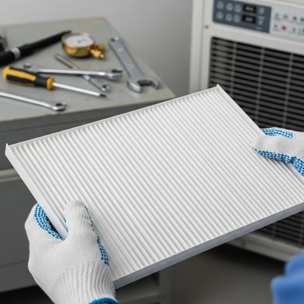 Technician holding a clean air filter for air conditioning maintenance