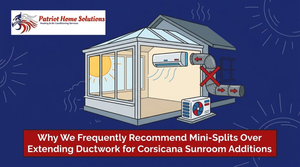 Why We Frequently Recommend Mini-Splits Over Extending Ductwork for Corsicana Sunroom Additions 1 Why We Frequently Recommend Mini-Splits Over Extending Ductwork for Corsicana Sunroom Additions — featured image